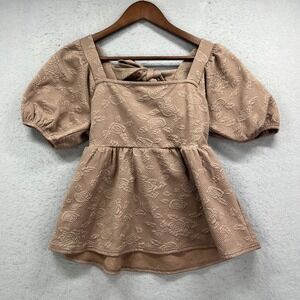 MINE Peplum Top Womens S Tan Floral Jacquard Puff Sleeve Tie Back Romantic Boho